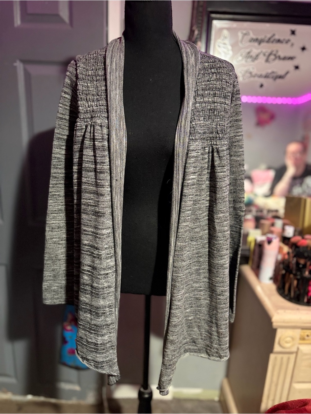 Smocked-Shoulder Grey Open-Front Cardigan Sweater- 3XL
